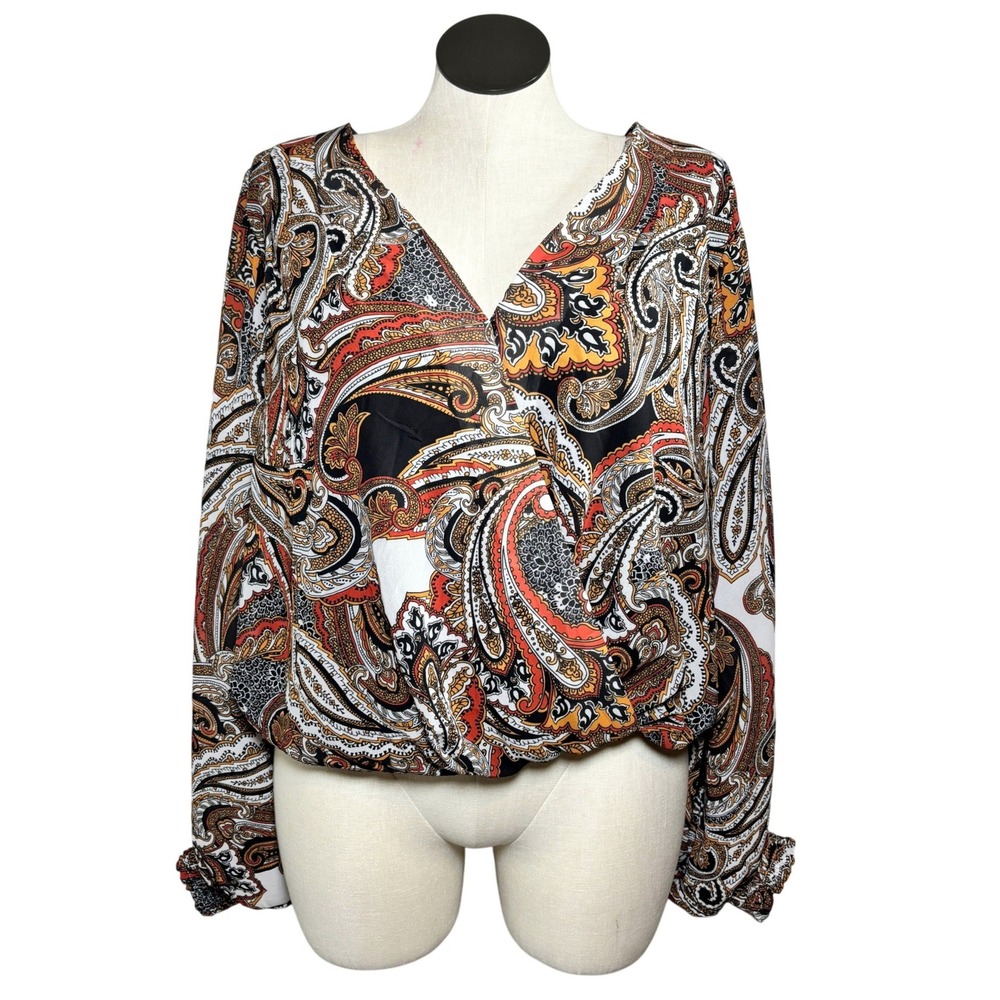 Flying Tomato Womens Blouse 1X Multicolor Polyester Paisley Balloon Sleeve Boho